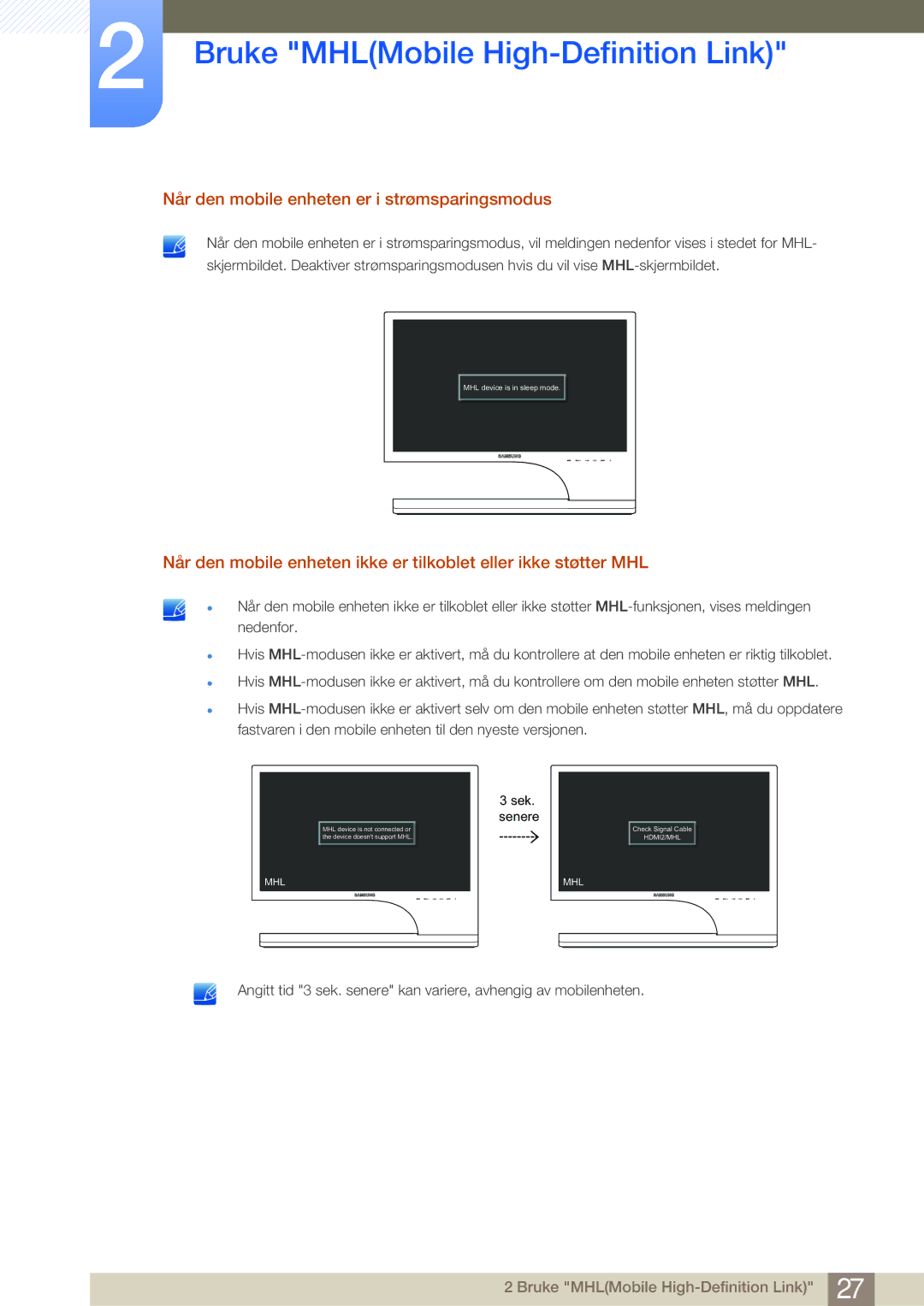 Samsung LS24B750VS/EN, LS27B750VS/EN, LS27B750HS/EN manual Når den mobile enheten er i strømsparingsmodus 