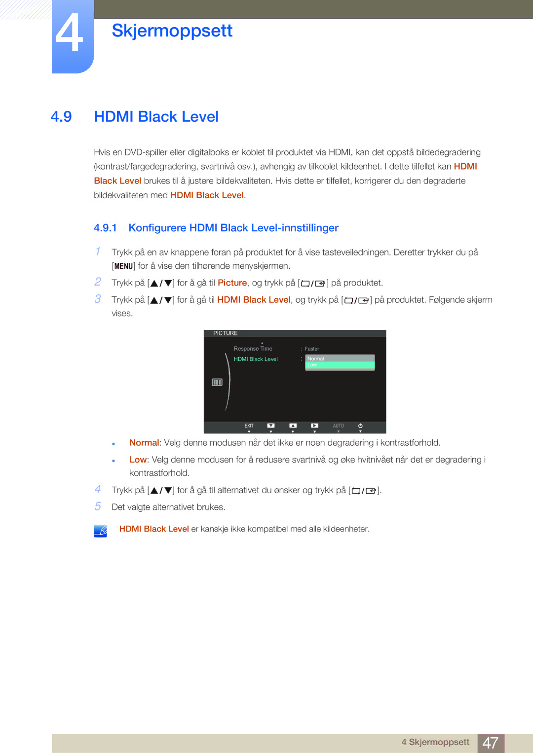 Samsung LS27B750HS/EN, LS24B750VS/EN, LS27B750VS/EN manual Konfigurere Hdmi Black Level-innstillinger 