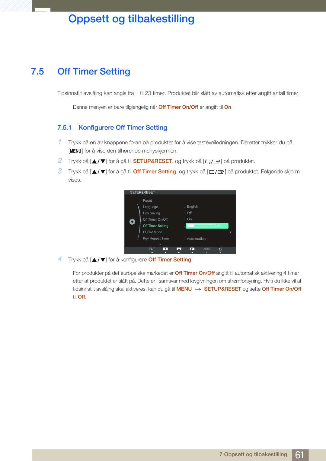 Samsung LS27B750VS/EN, LS24B750VS/EN, LS27B750HS/EN manual Konfigurere Off Timer Setting 