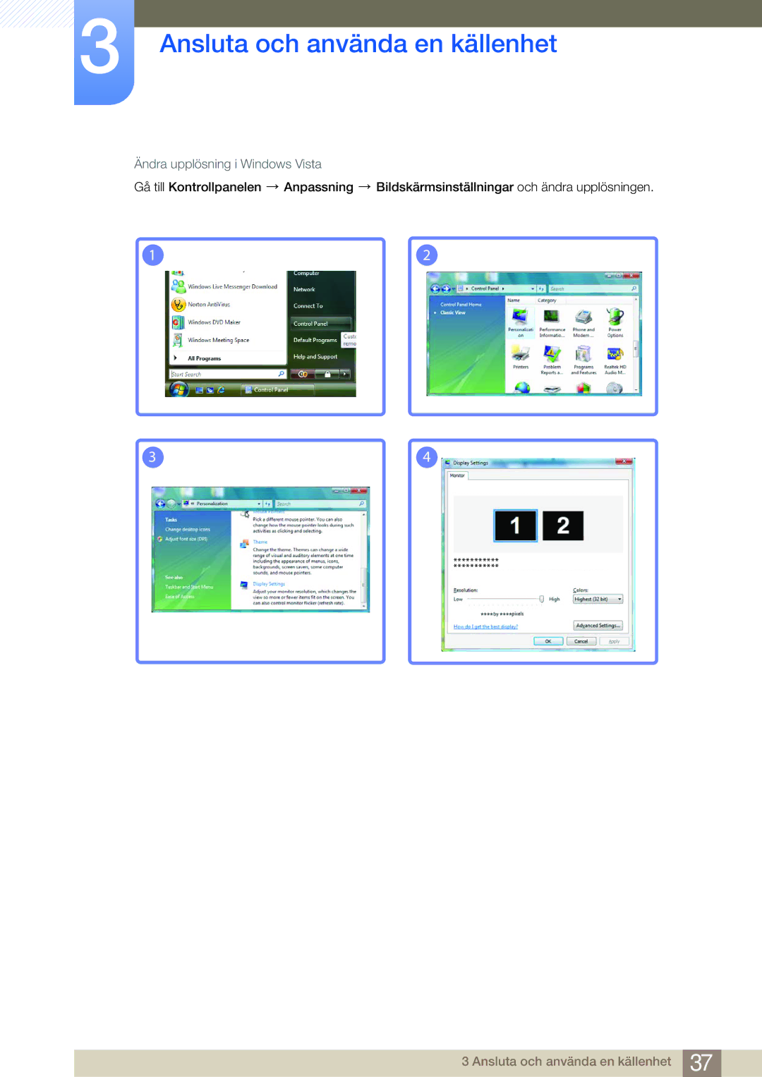 Samsung LS27B750VS/EN, LS24B750VS/EN, LS27B750HS/EN manual Ändra upplösning i Windows Vista 
