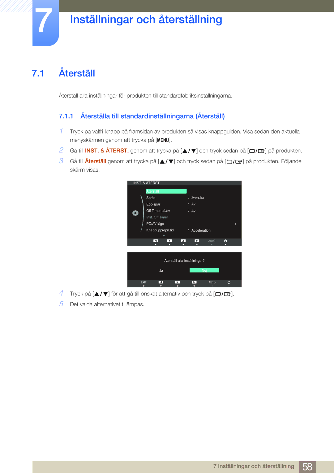 Samsung LS27B750VS/EN manual Inställningar och återställning, 1 Återställa till standardinställningarna Återställ 