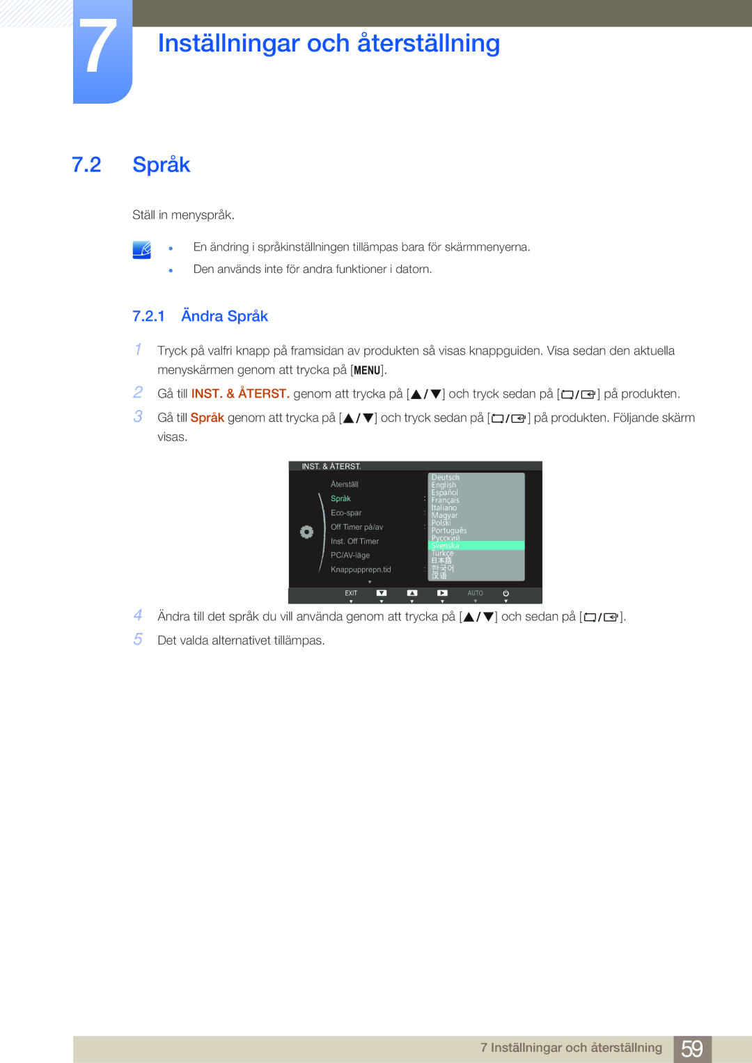 Samsung LS27B750HS/EN, LS24B750VS/EN, LS27B750VS/EN manual 1 Ändra Språk 