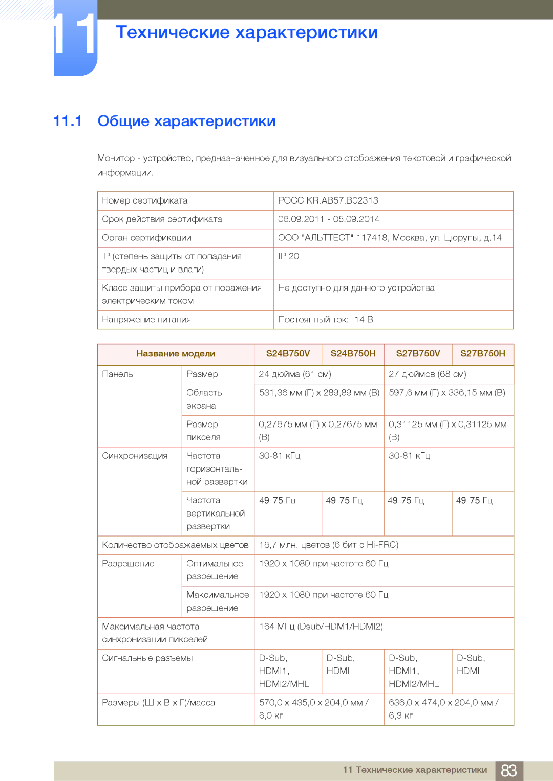 Samsung LS27B750VS/CI, LS24B750VS/EN, LS27B750VS/EN, LS27B750VS/KZ 11 Технические характеристики, 11.1 Общие характеристики 