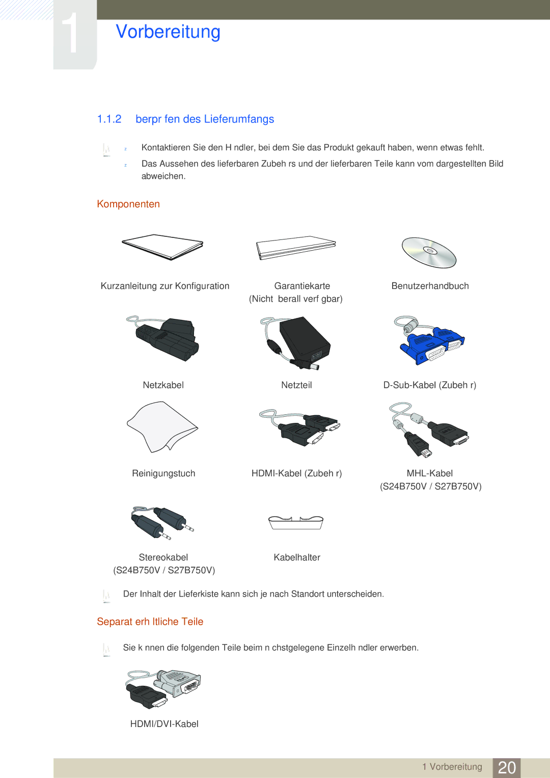 Samsung LS24B750VS/EN, LS27B750VS/EN manual 2 Überprüfen des Lieferumfangs, Komponenten 