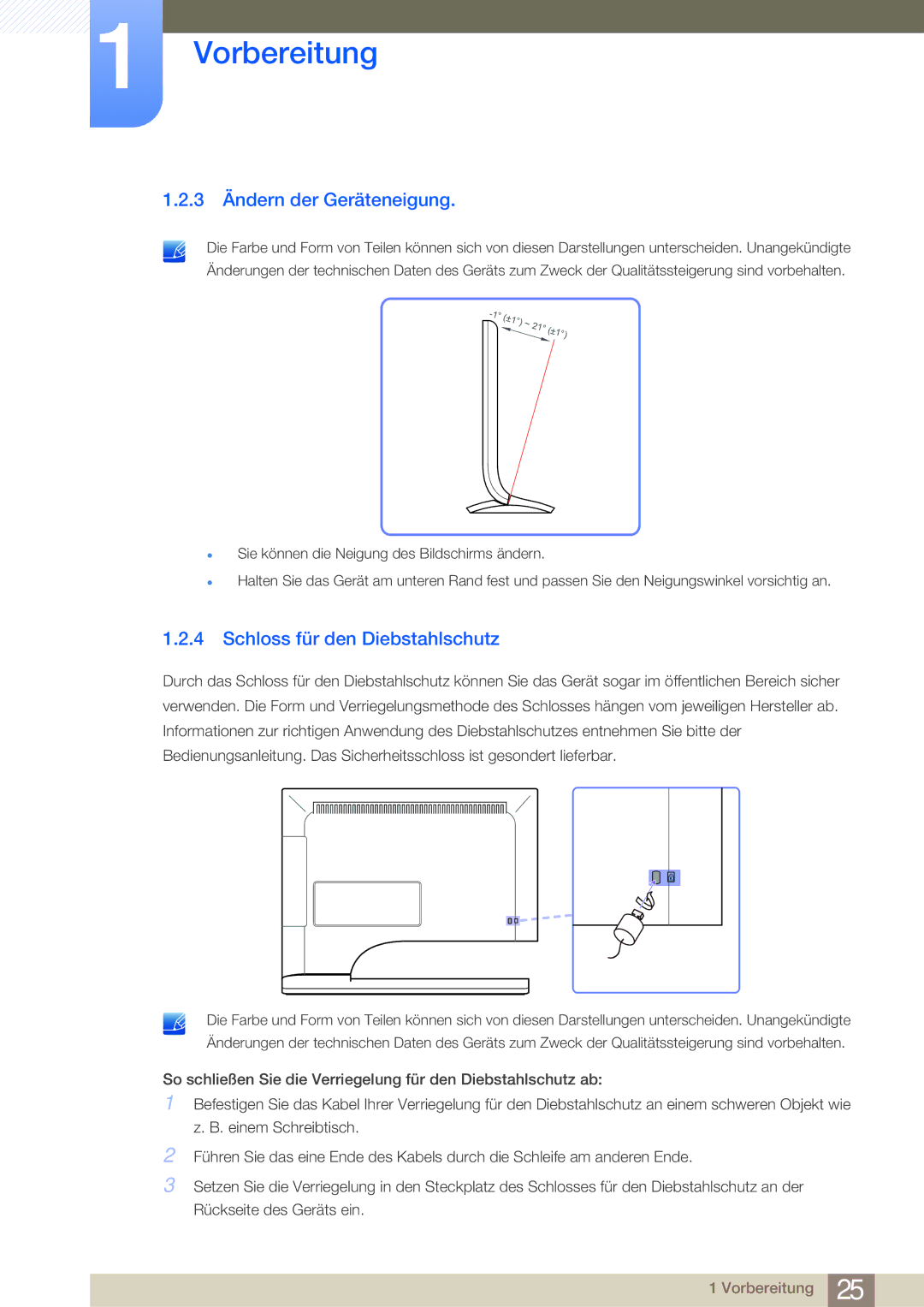 Samsung LS27B750VS/EN, LS24B750VS/EN manual 3 Ändern der Geräteneigung, Schloss für den Diebstahlschutz 