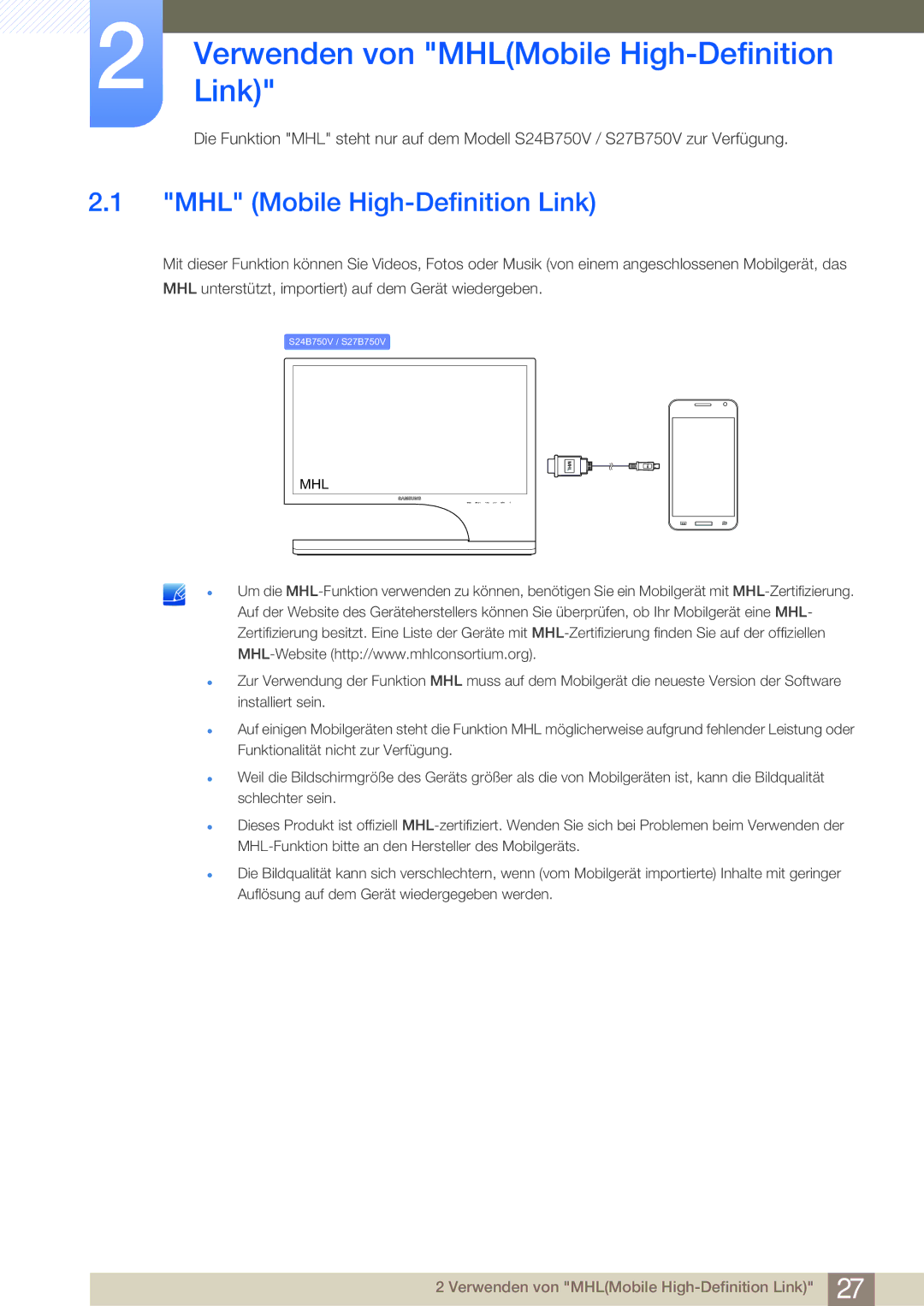 Samsung LS27B750VS/EN, LS24B750VS/EN manual VerwendenLink von MHLMobile High-Definition, MHL Mobile High-Definition Link 