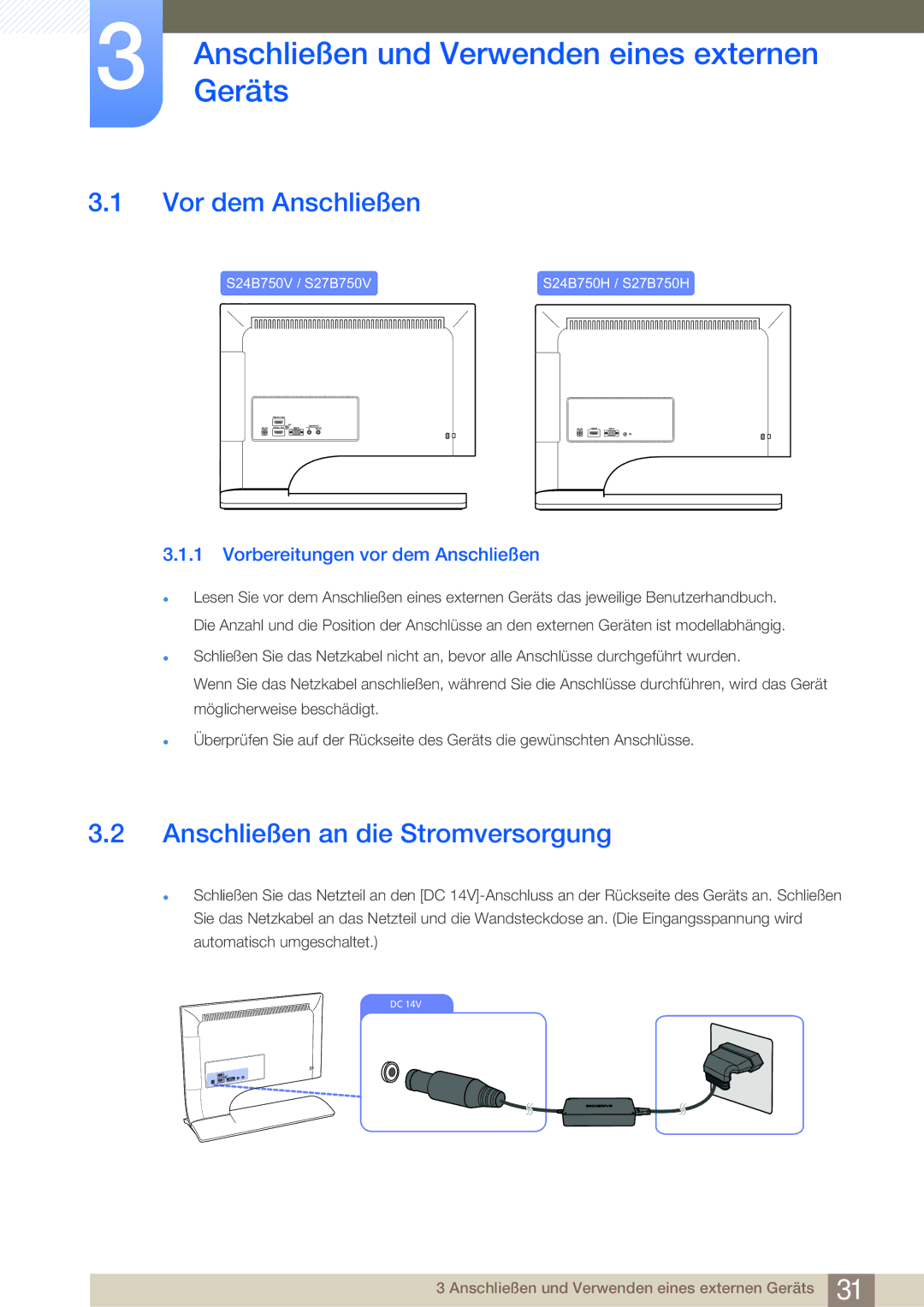 Samsung LS27B750VS/EN, LS24B750VS/EN manual AnschließenGeräts und Verwenden eines externen, Vor dem Anschließen 