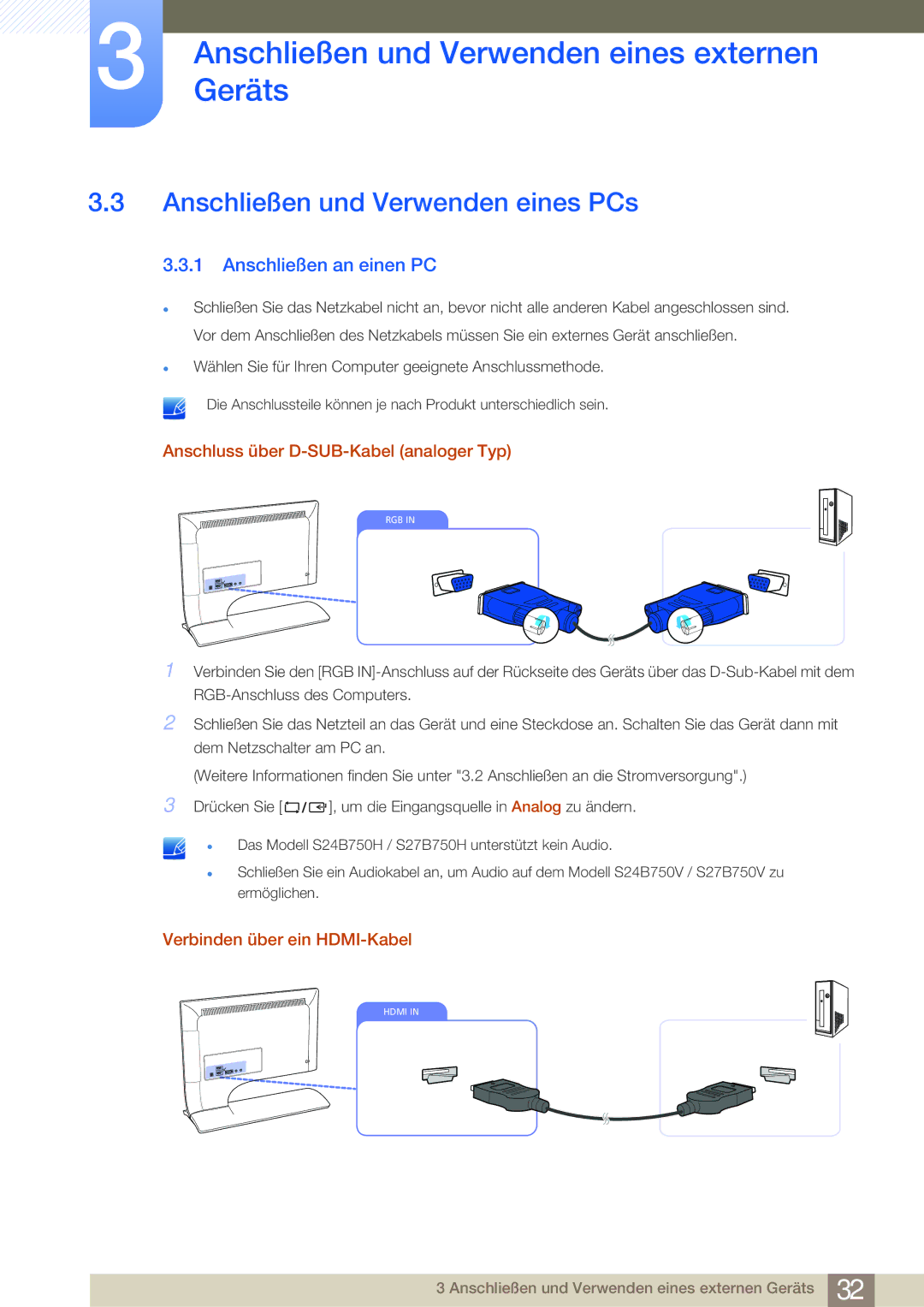 Samsung LS24B750VS/EN, LS27B750VS/EN manual Anschließen und Verwenden eines PCs, Anschließen an einen PC 