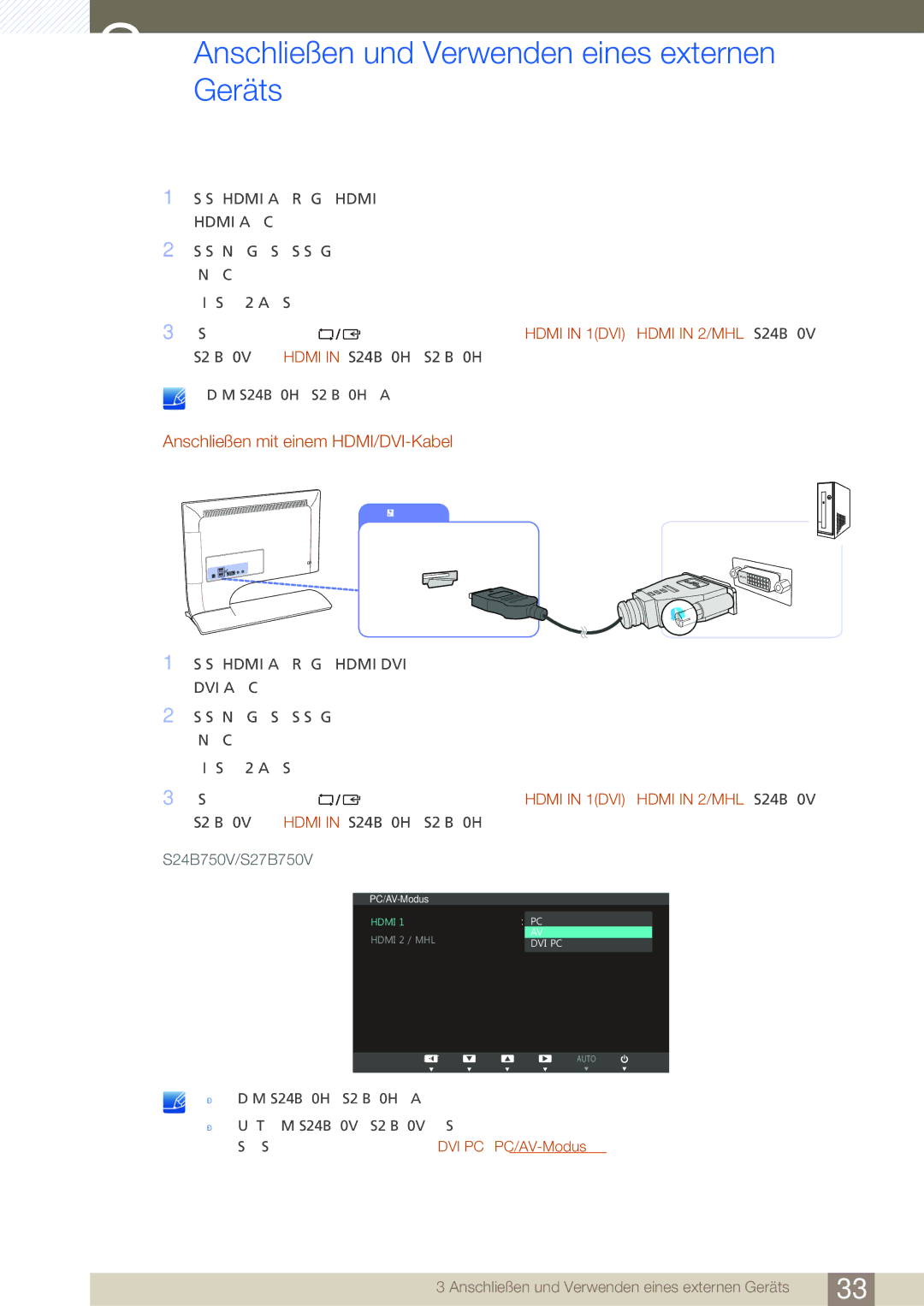 Samsung LS27B750VS/EN, LS24B750VS/EN manual Anschließen mit einem HDMI/DVI-Kabel 