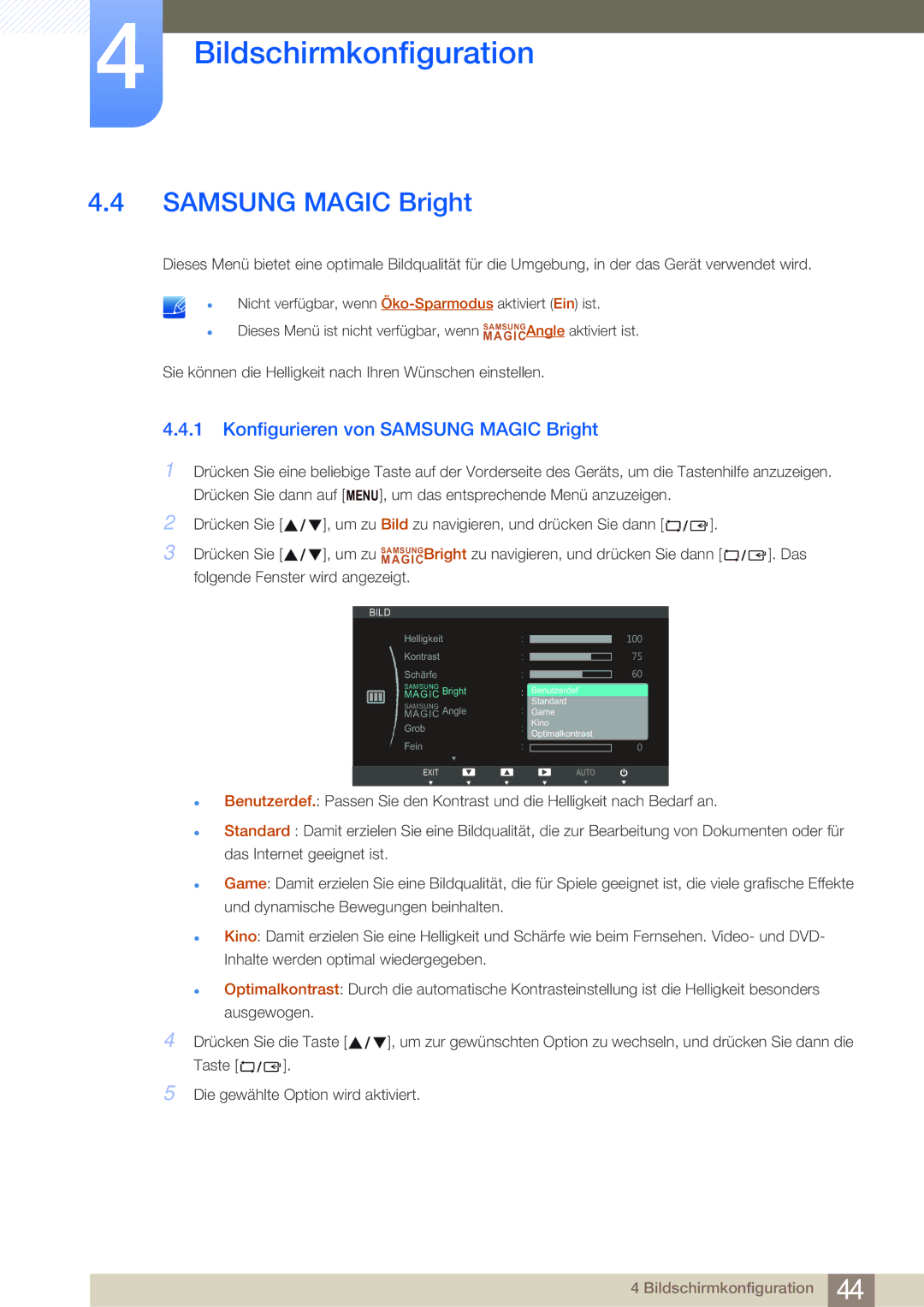 Samsung LS24B750VS/EN, LS27B750VS/EN manual Konfigurieren von Samsung Magic Bright 