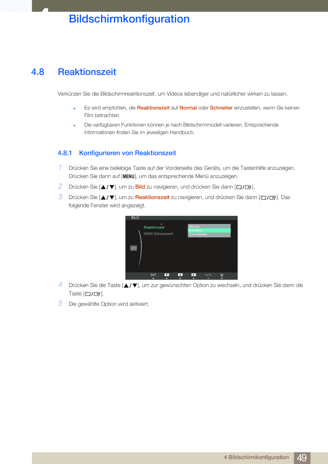 Samsung LS27B750VS/EN, LS24B750VS/EN manual Konfigurieren von Reaktionszeit 