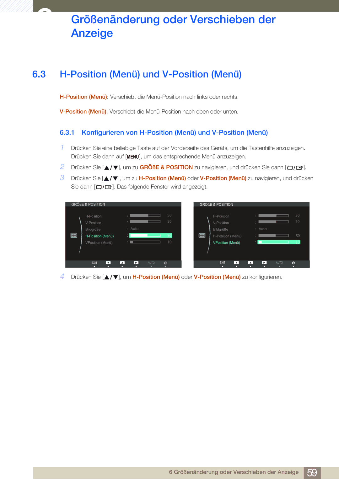 Samsung LS27B750VS/EN, LS24B750VS/EN manual Konfigurieren von H-Position Menü und V-Position Menü 