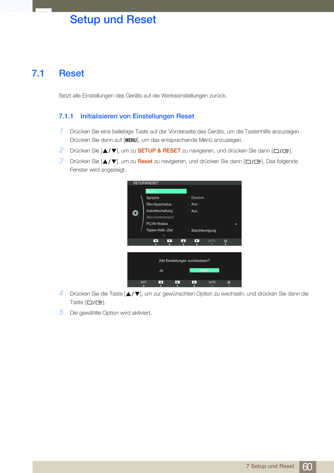 Samsung LS24B750VS/EN, LS27B750VS/EN manual Setup und Reset, Initialisieren von Einstellungen Reset 