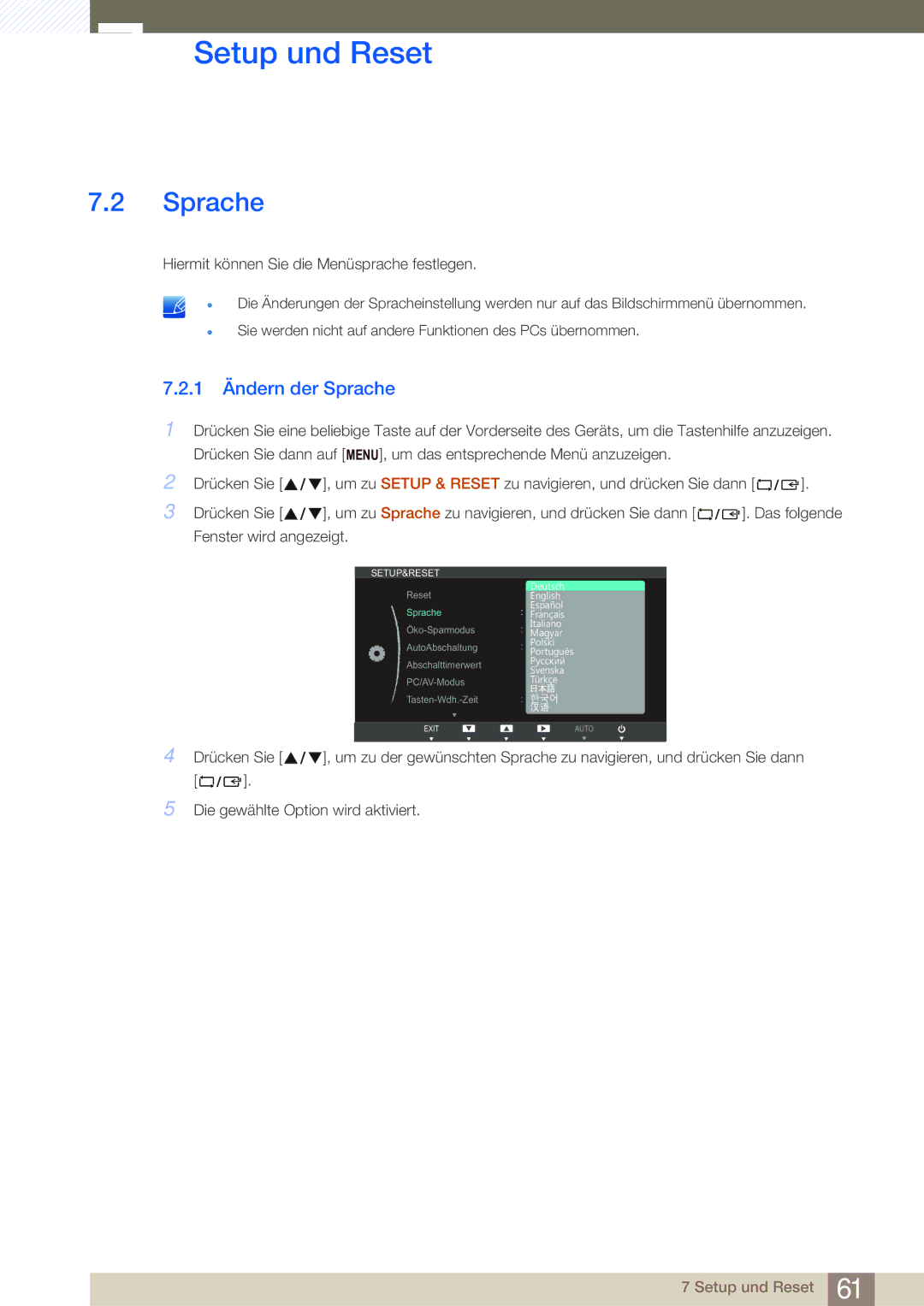 Samsung LS27B750VS/EN, LS24B750VS/EN manual 1 Ändern der Sprache 