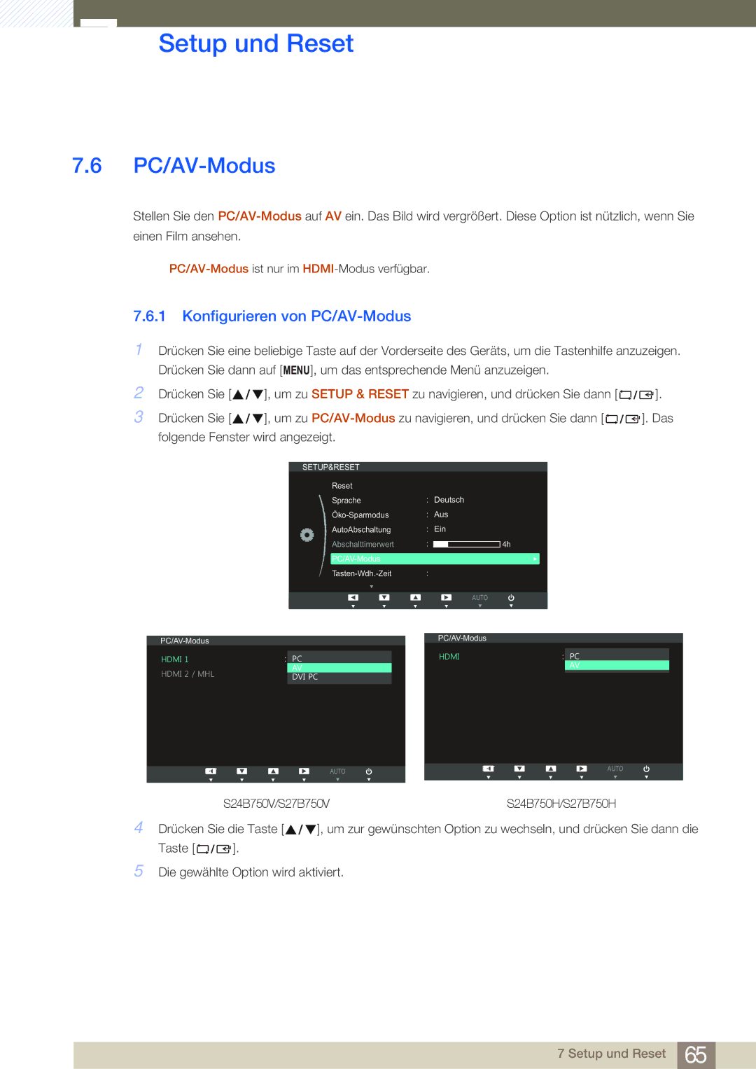 Samsung LS27B750VS/EN, LS24B750VS/EN manual Konfigurieren von PC/AV-Modus 