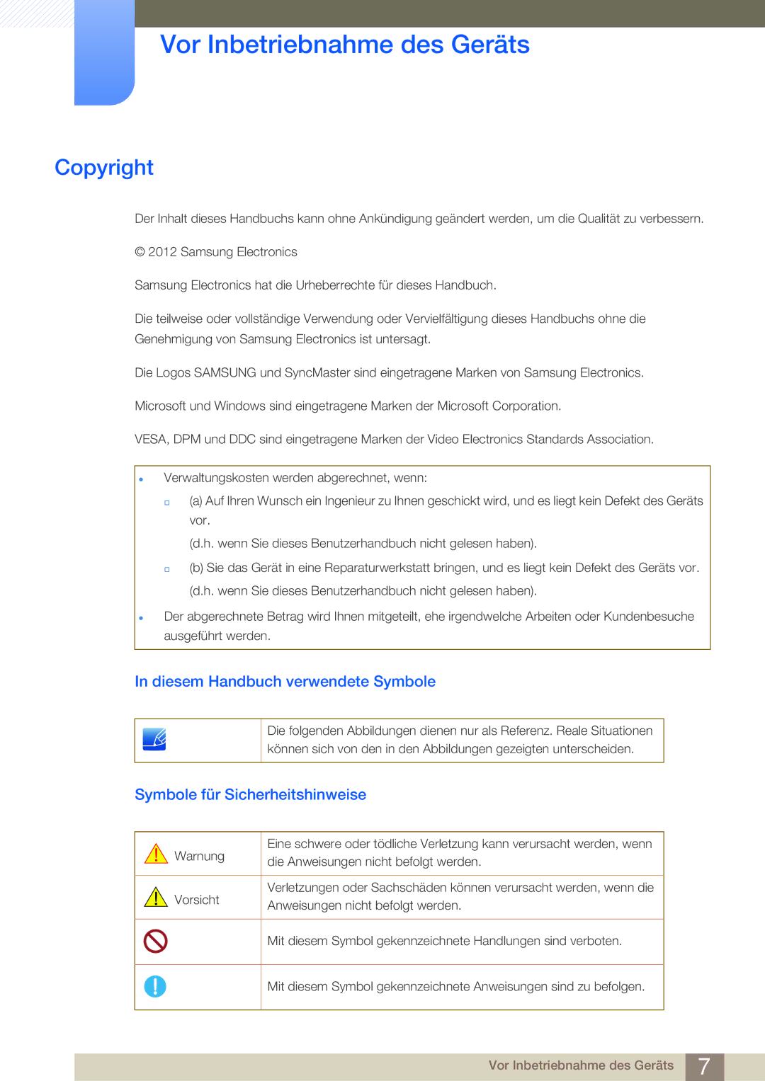 Samsung LS27B750VS/EN, LS24B750VS/EN manual Vor Inbetriebnahme des Geräts, Copyright, Diesem Handbuch verwendete Symbole 