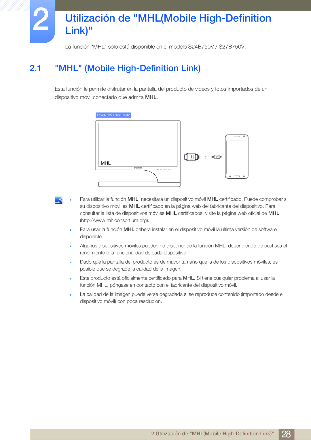 Samsung LS24B750VS/EN, LS27B750VS/EN manual UtilizaciónLink de MHLMobile High-Definition, MHL Mobile High-Definition Link 