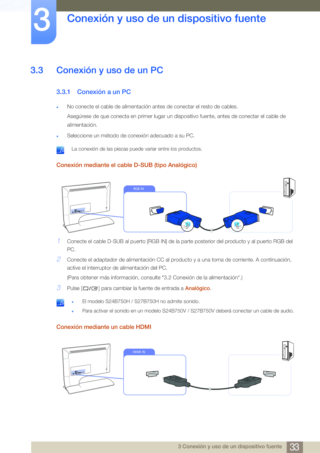 Samsung LS27B750VS/EN manual Conexión y uso de un PC, Conexión a un PC, Conexión mediante el cable D-SUB tipo Analógico 