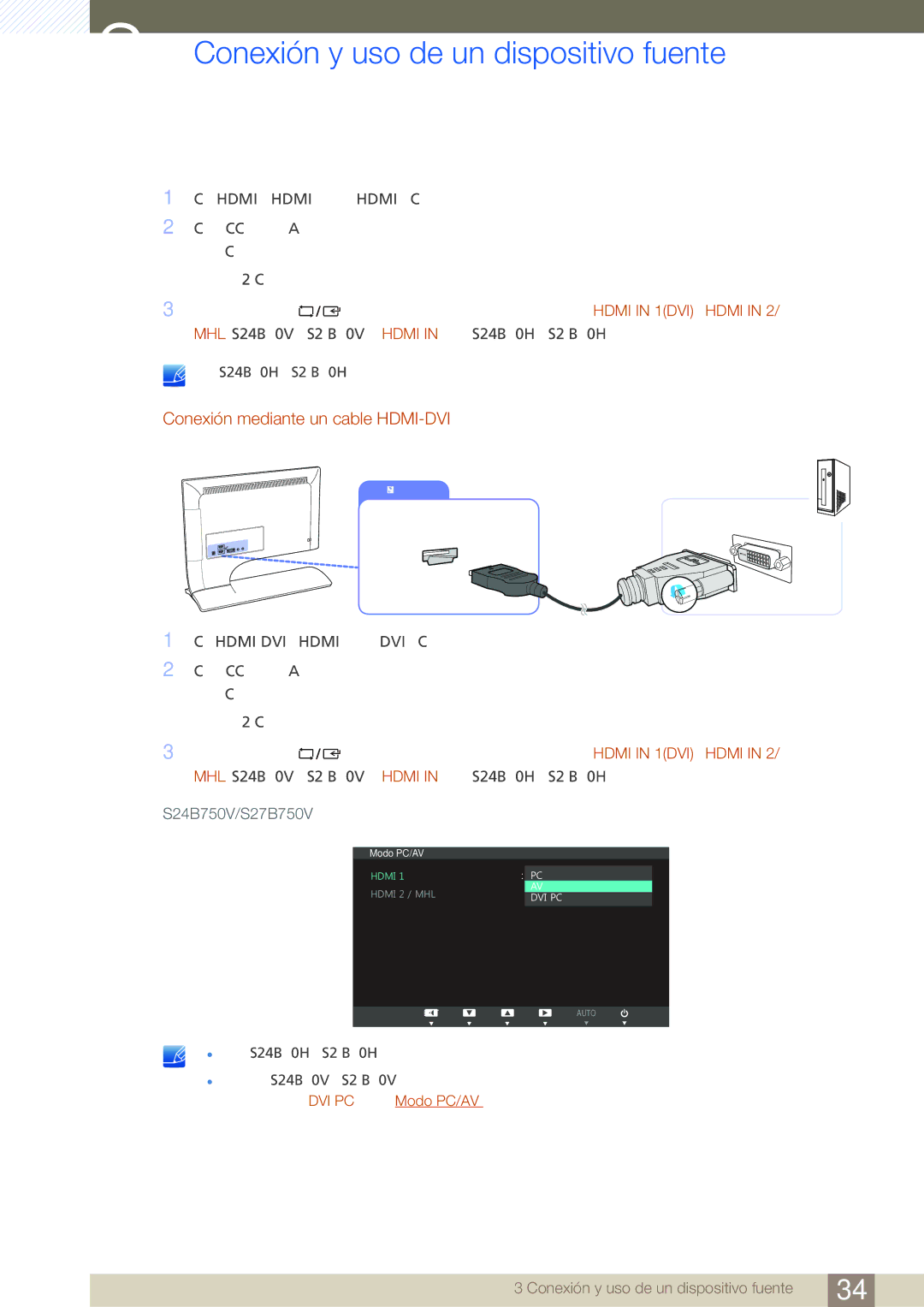 Samsung LS24B750VS/EN, LS27B750VS/EN manual Conexión mediante un cable HDMI-DVI, S24B750V/S27B750V 