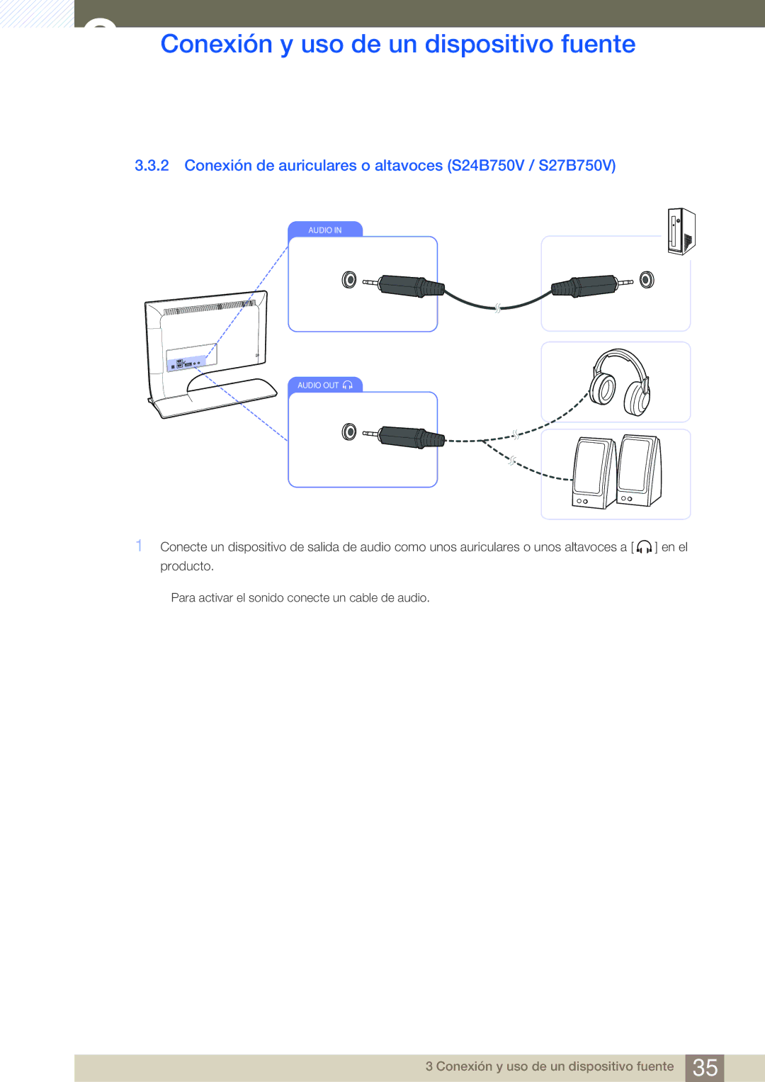 Samsung LS27B750VS/EN, LS24B750VS/EN manual Conexión de auriculares o altavoces S24B750V / S27B750V 