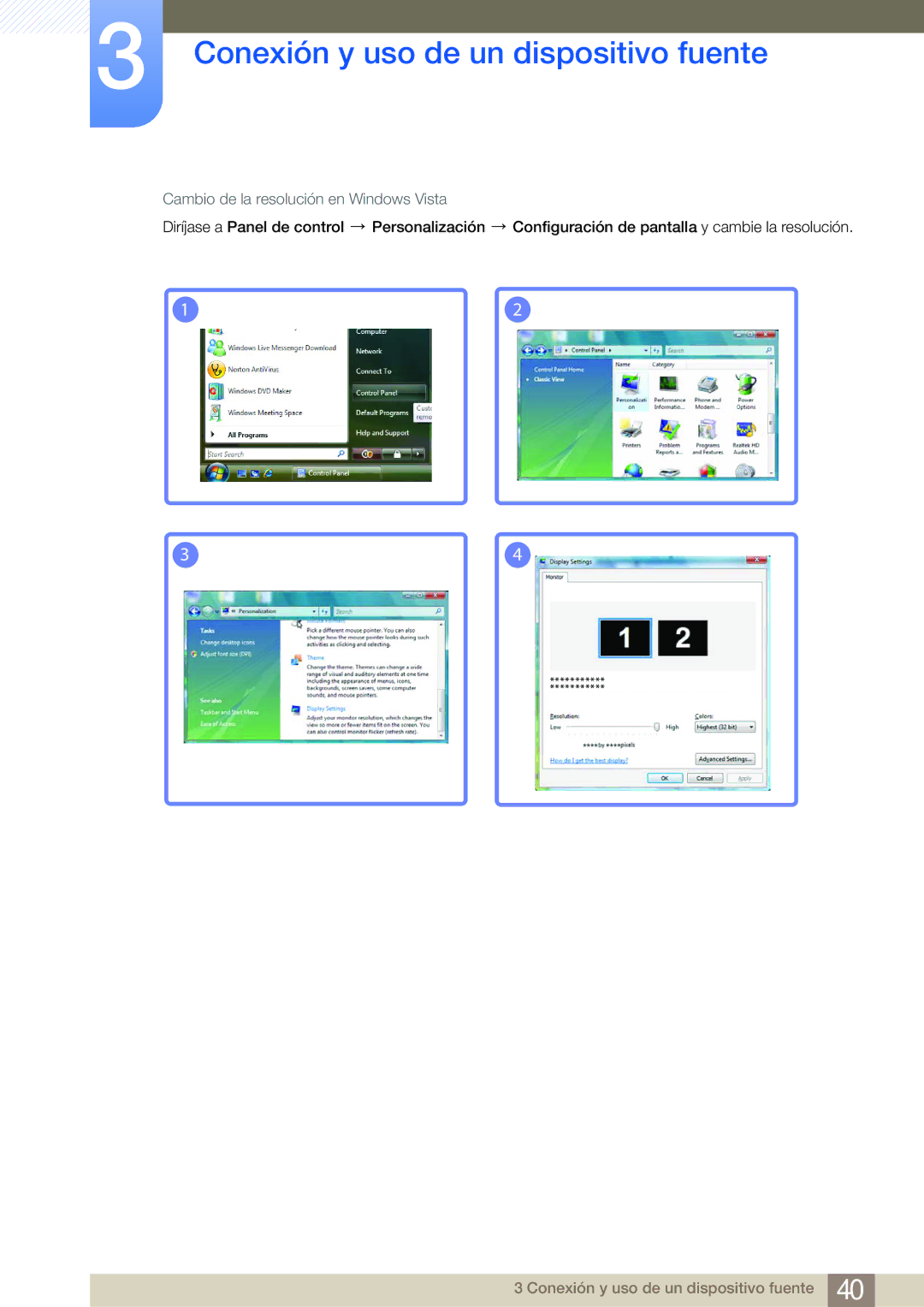 Samsung LS24B750VS/EN, LS27B750VS/EN manual Cambio de la resolución en Windows Vista 