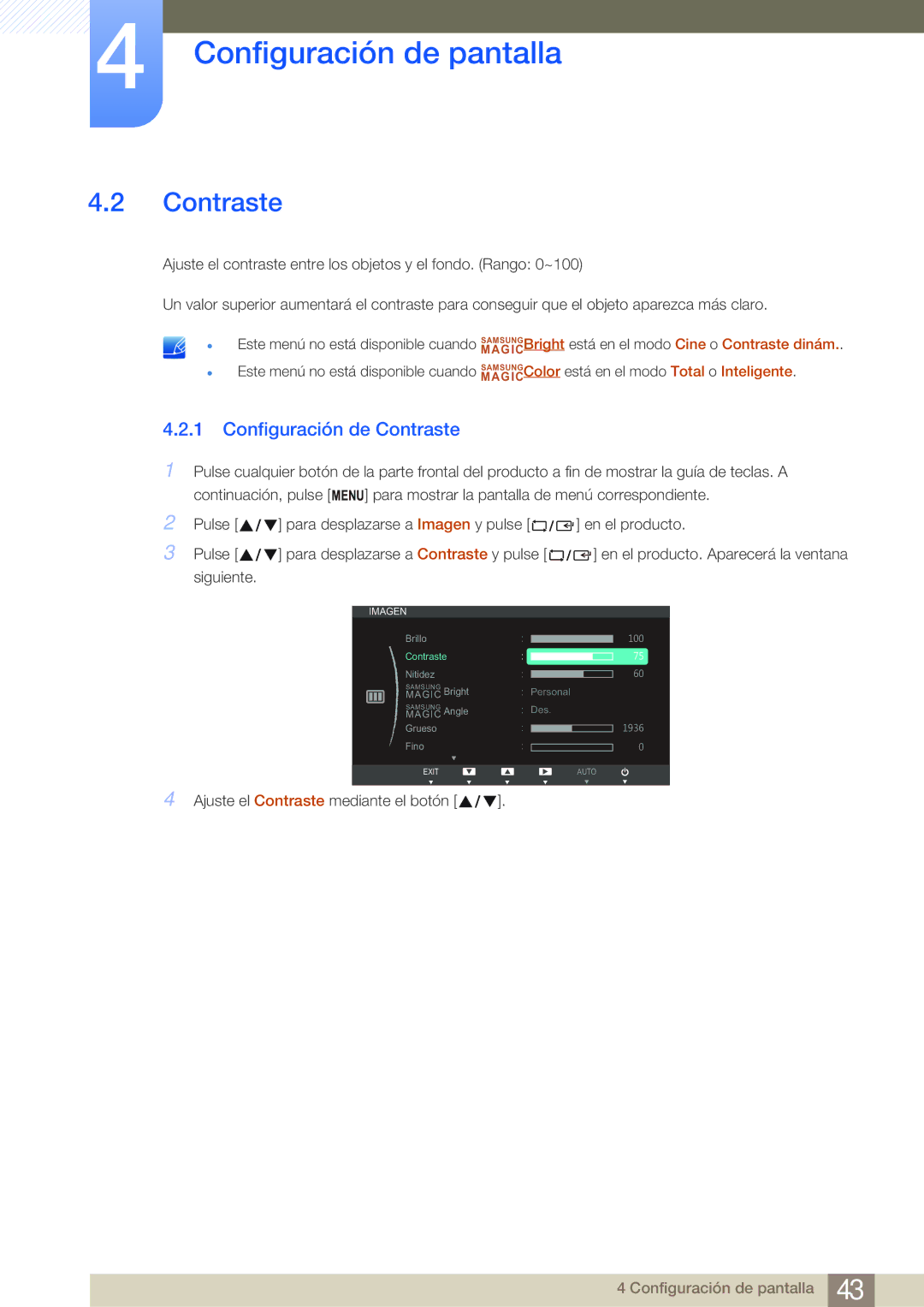 Samsung LS27B750VS/EN, LS24B750VS/EN manual Configuración de Contraste 