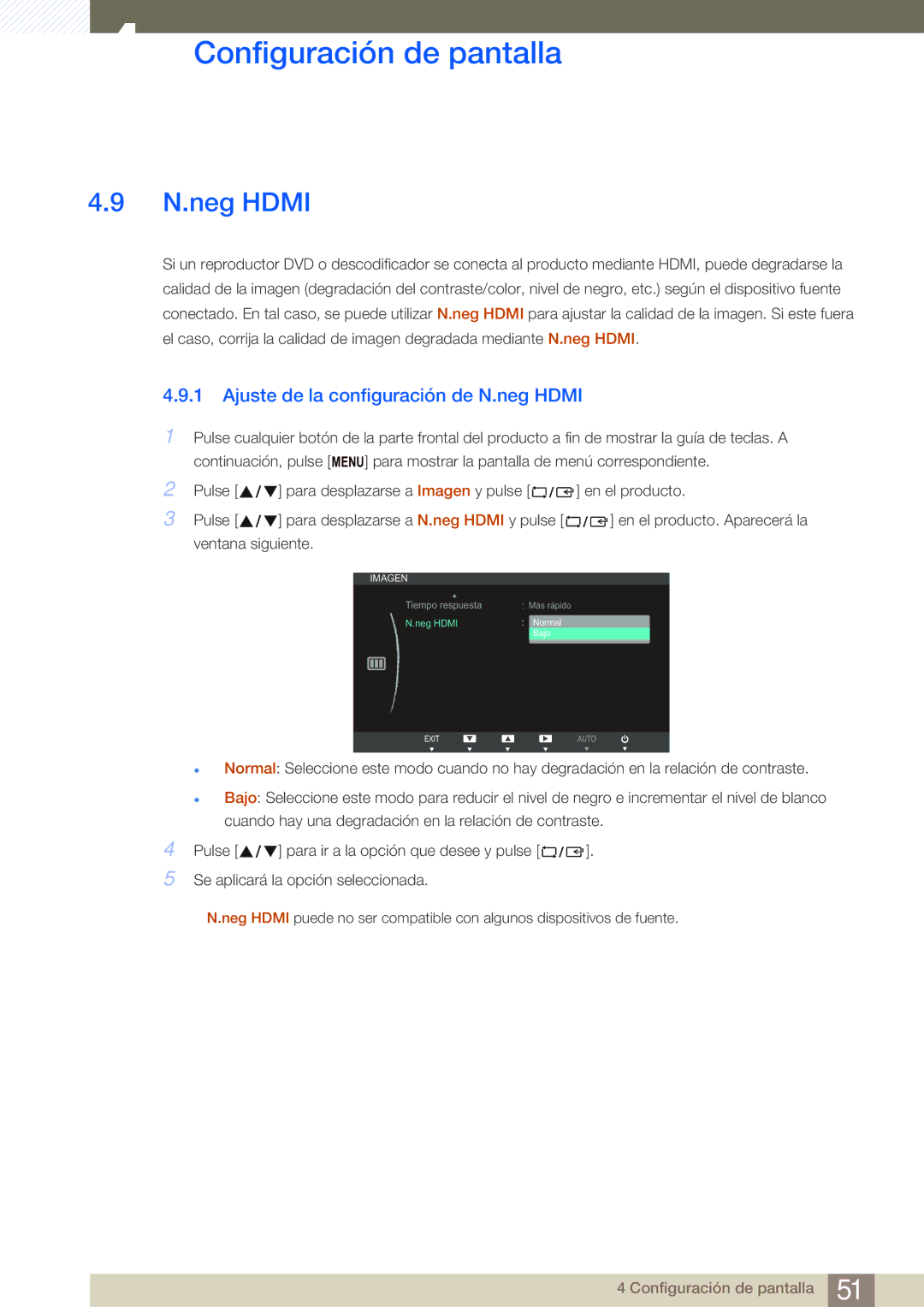 Samsung LS27B750VS/EN, LS24B750VS/EN manual Ajuste de la configuración de N.neg Hdmi 