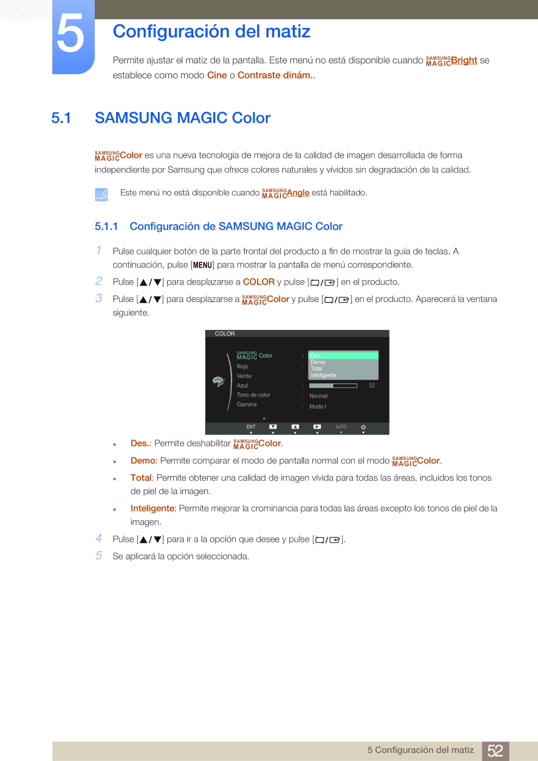 Samsung LS24B750VS/EN, LS27B750VS/EN manual Configuración del matiz, Configuración de Samsung Magic Color 