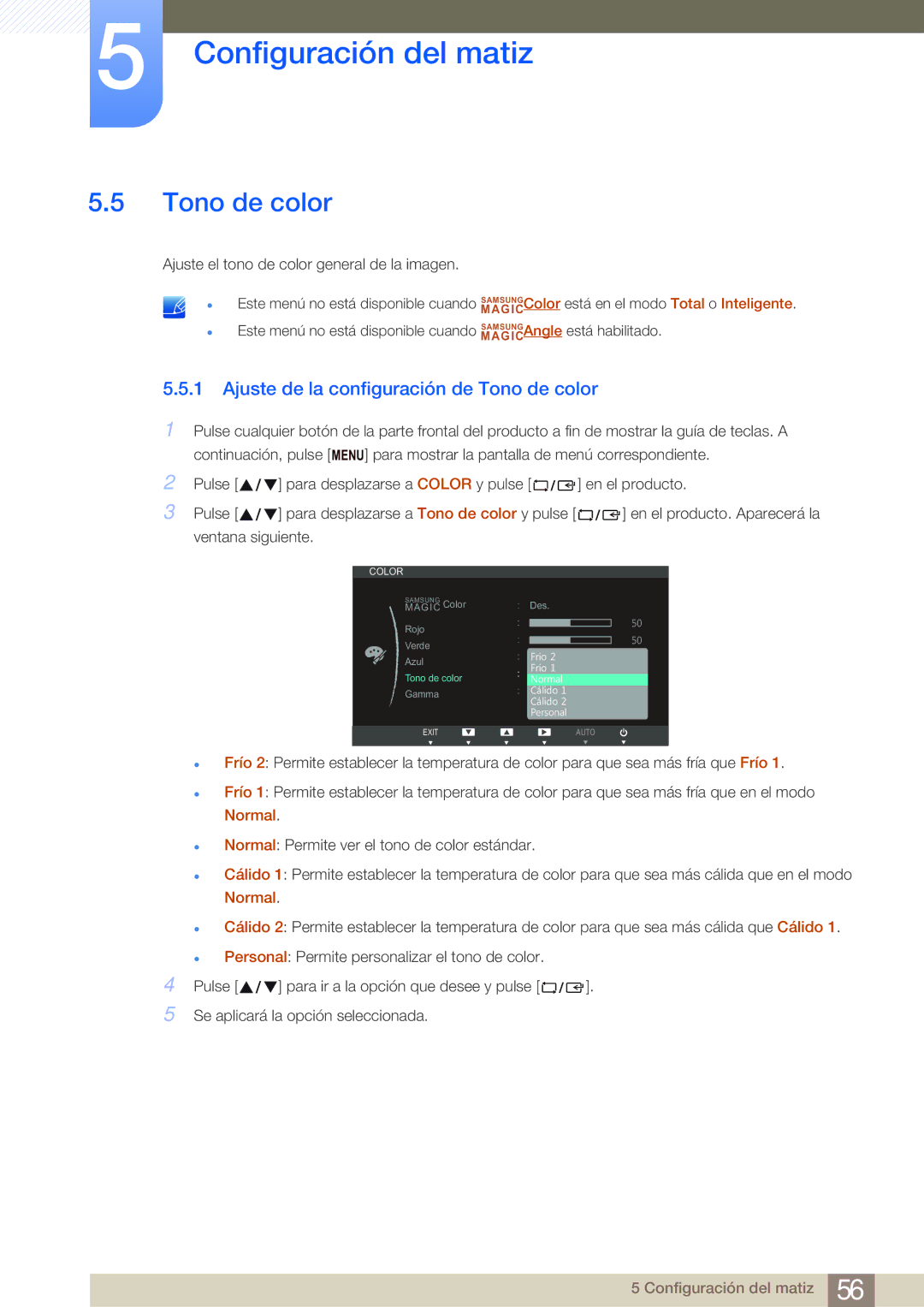 Samsung LS24B750VS/EN, LS27B750VS/EN manual Ajuste de la configuración de Tono de color 