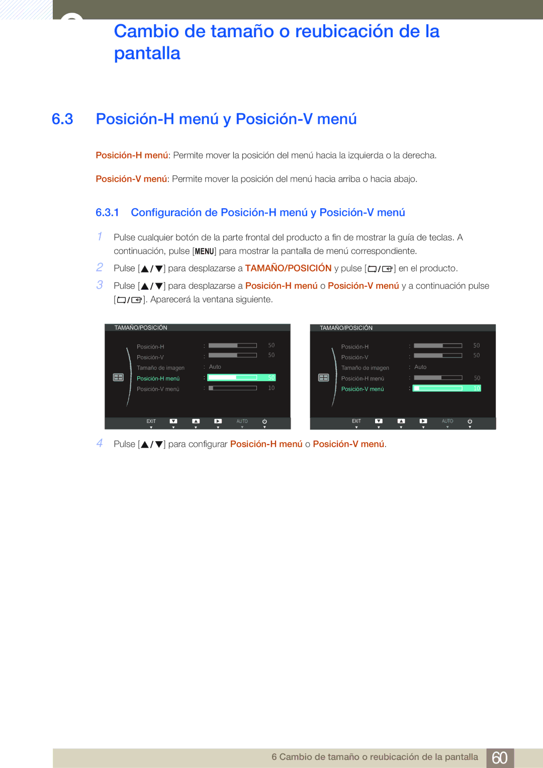 Samsung LS24B750VS/EN, LS27B750VS/EN manual Configuración de Posición-H menú y Posición-V menú 