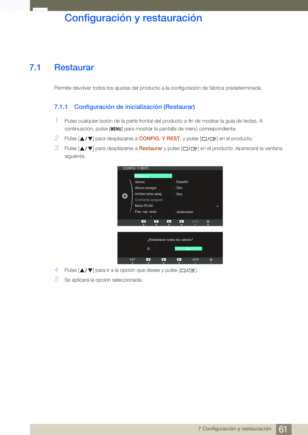 Samsung LS27B750VS/EN, LS24B750VS/EN manual Configuración y restauración, Configuración de inicialización Restaurar 