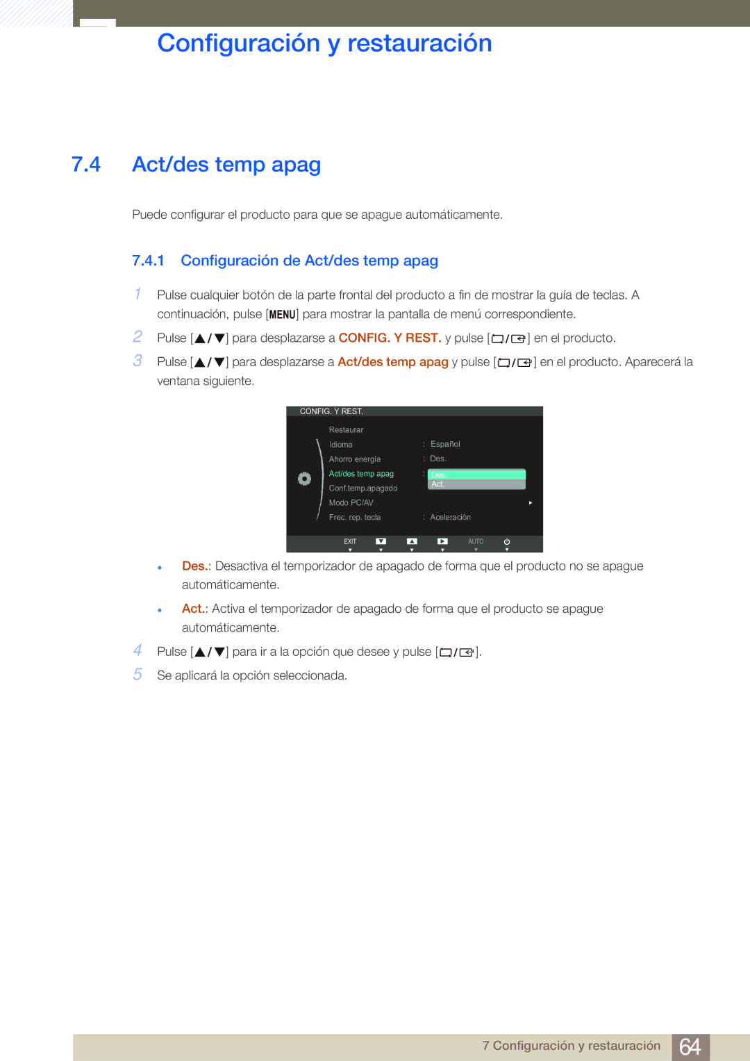 Samsung LS24B750VS/EN, LS27B750VS/EN manual Configuración de Act/des temp apag 