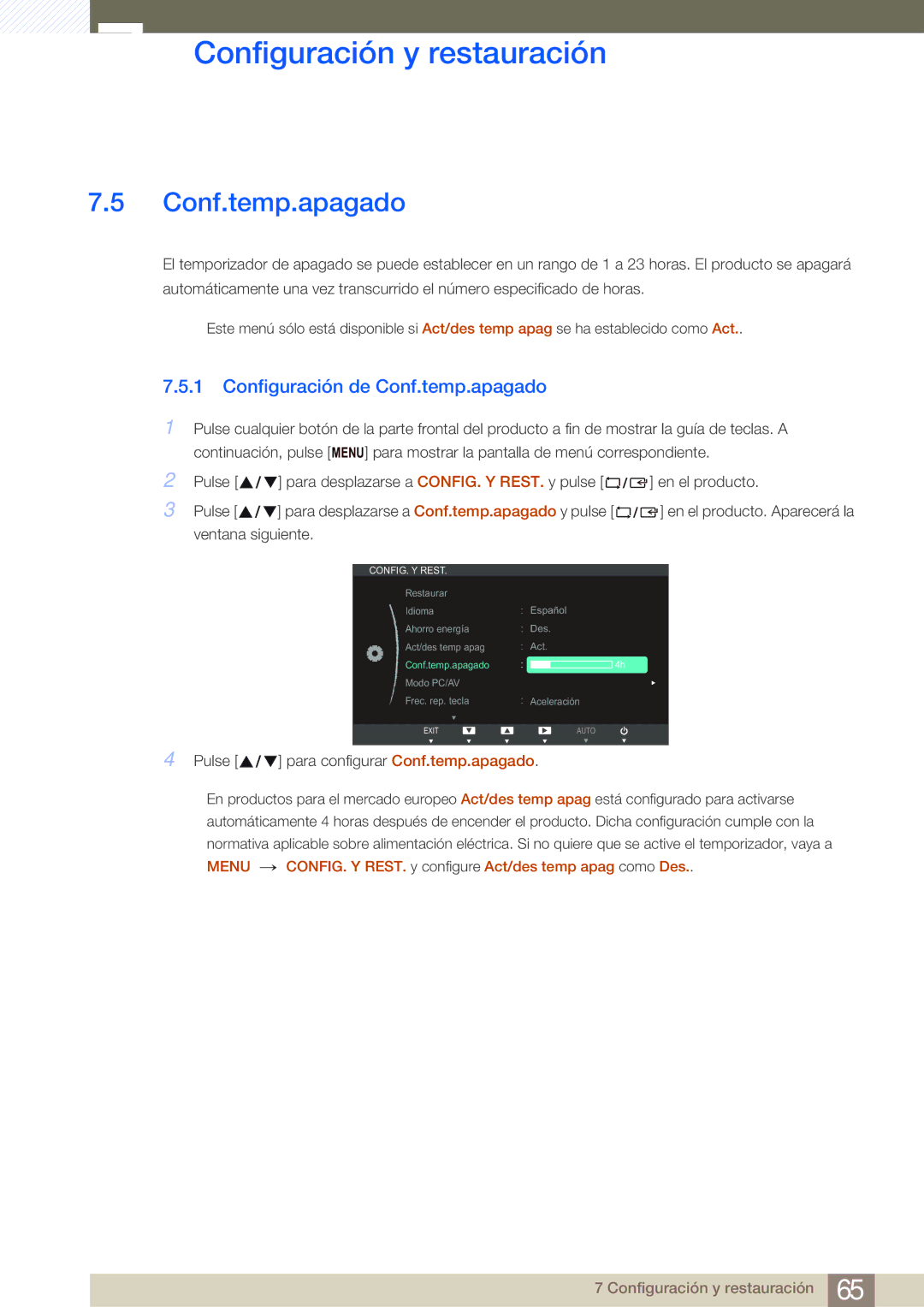 Samsung LS27B750VS/EN, LS24B750VS/EN manual Configuración de Conf.temp.apagado 