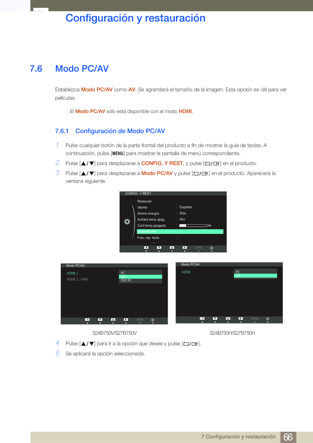 Samsung LS24B750VS/EN, LS27B750VS/EN manual Configuración de Modo PC/AV 