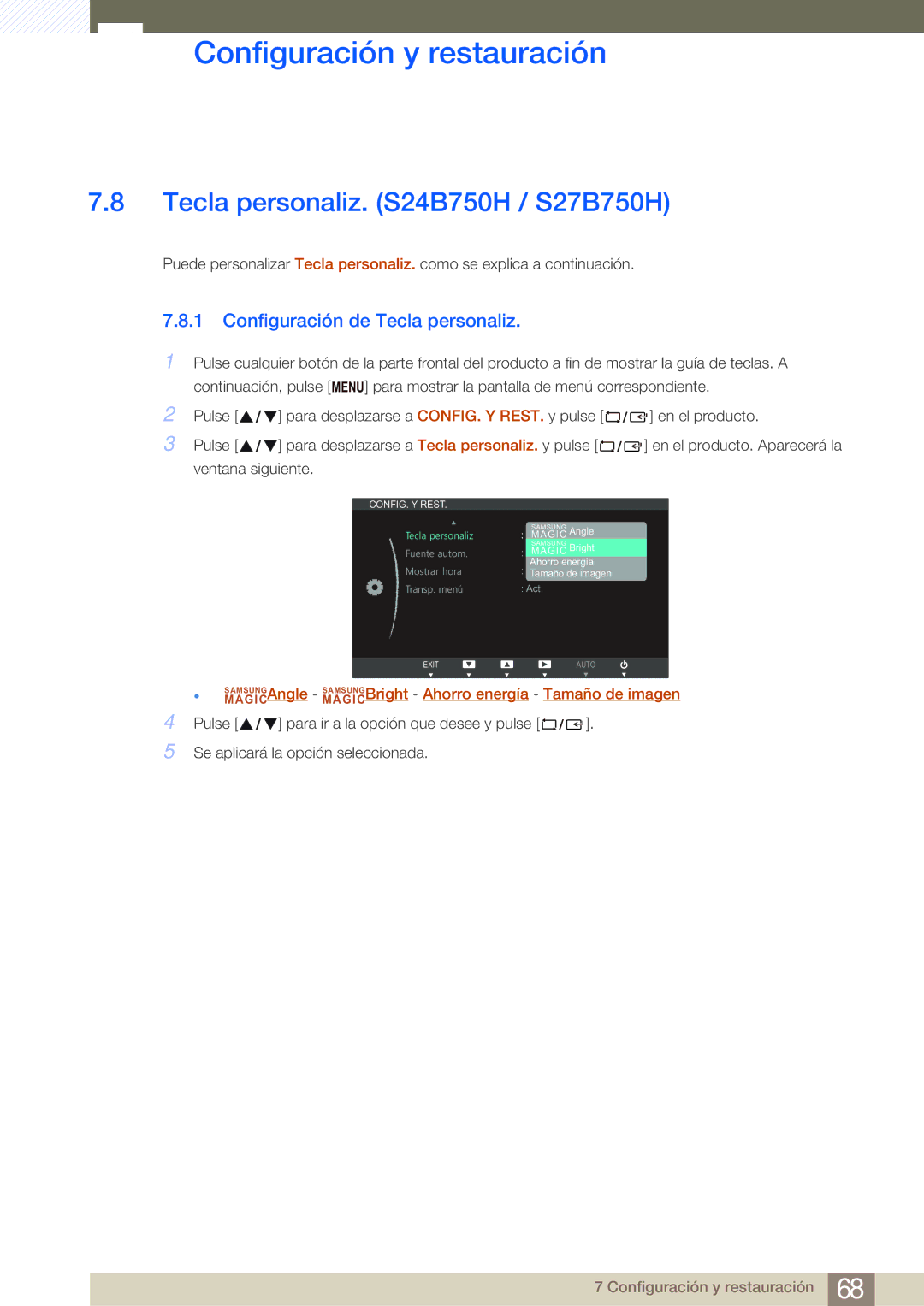 Samsung LS24B750VS/EN, LS27B750VS/EN manual Tecla personaliz. S24B750H / S27B750H, Configuración de Tecla personaliz 