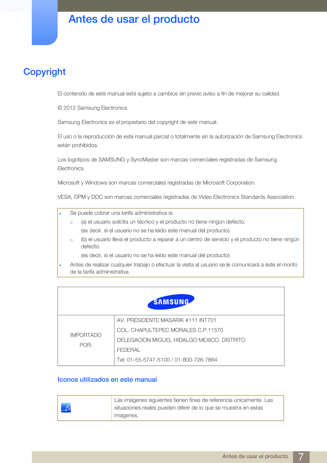 Samsung LS27B750VS/EN, LS24B750VS/EN Antes de usar el producto, Copyright, Iconos utilizados en este manual 