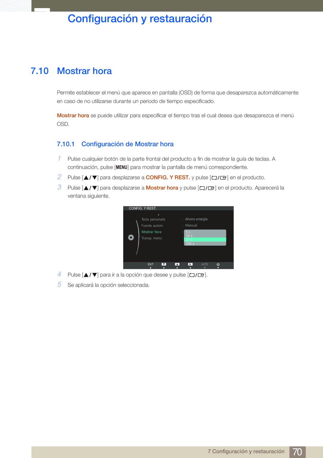 Samsung LS24B750VS/EN, LS27B750VS/EN manual Configuración de Mostrar hora 