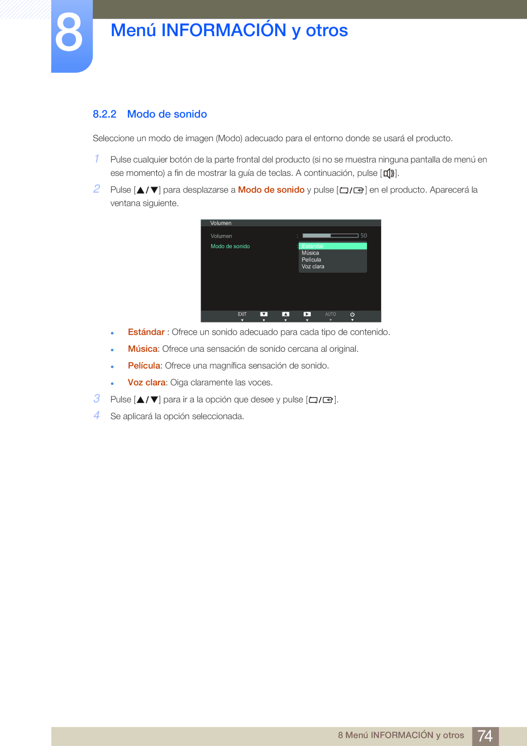 Samsung LS24B750VS/EN, LS27B750VS/EN manual Modo de sonido 