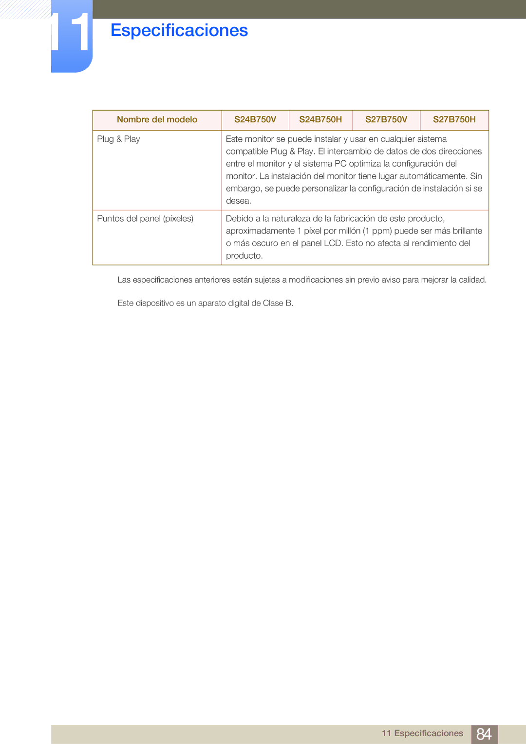 Samsung LS24B750VS/EN, LS27B750VS/EN manual Especificaciones 