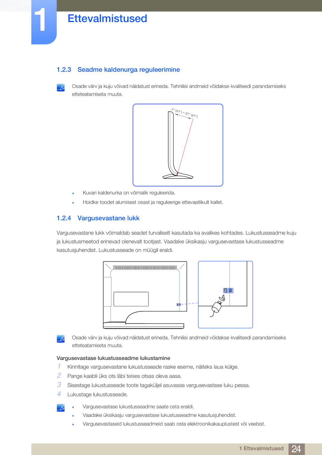 Samsung LS24B750VS/EN, LS27B750VS/EN manual Seadme kaldenurga reguleerimine, Vargusevastane lukk 