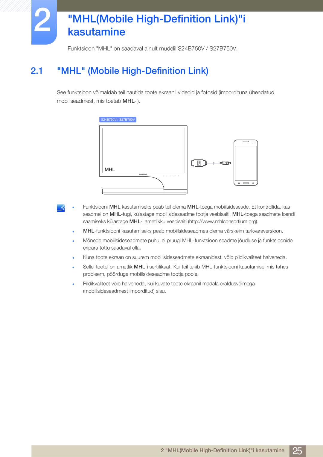 Samsung LS27B750VS/EN, LS24B750VS/EN manual MHLMobilekasutamine High-Definition Linki, MHL Mobile High-Definition Link 