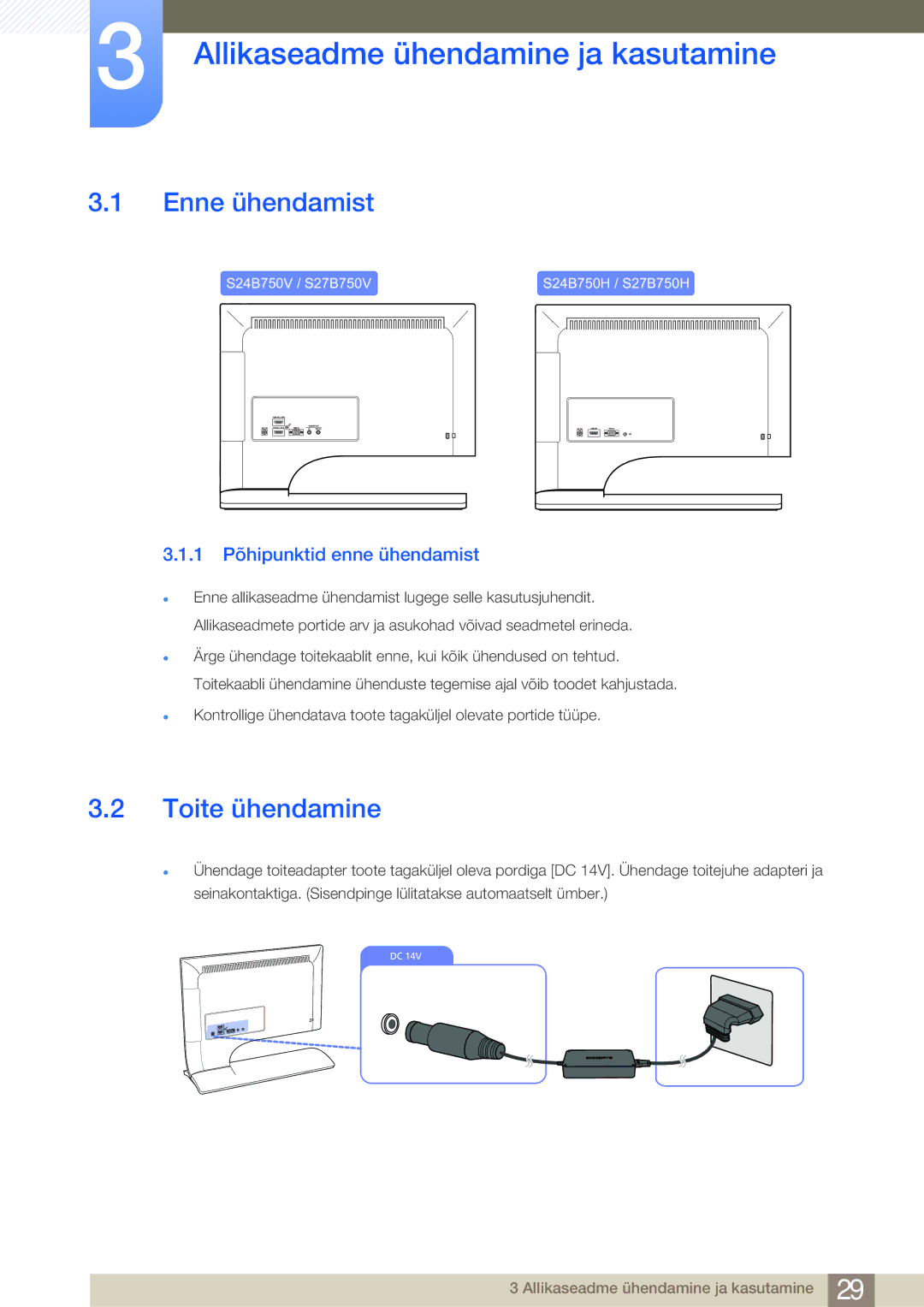 Samsung LS27B750VS/EN, LS24B750VS/EN manual Allikaseadme ühendamine ja kasutamine, Enne ühendamist, Toite ühendamine 