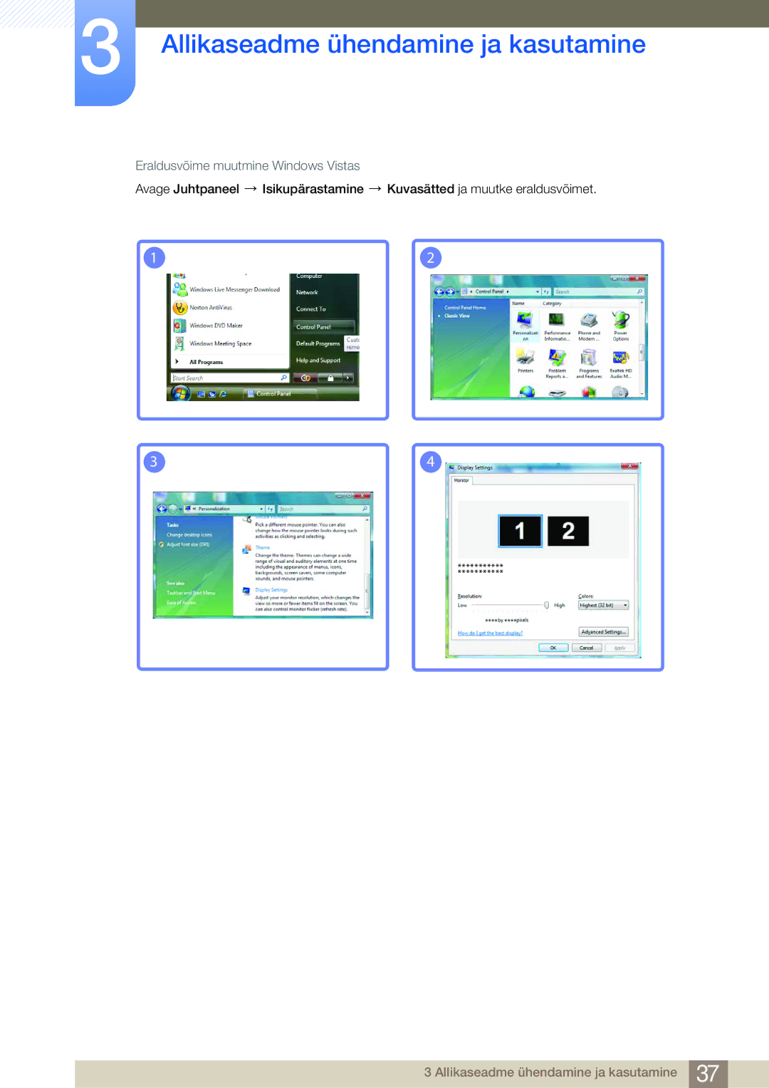 Samsung LS27B750VS/EN, LS24B750VS/EN manual Eraldusvõime muutmine Windows Vistas 