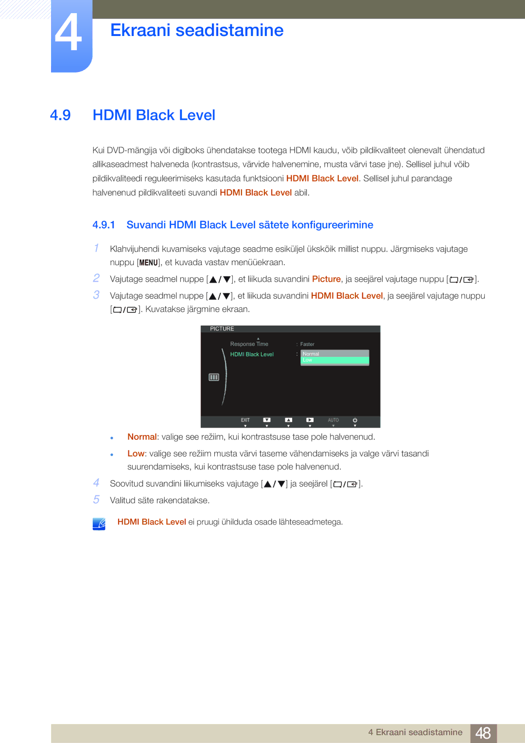 Samsung LS24B750VS/EN, LS27B750VS/EN manual Suvandi Hdmi Black Level sätete konfigureerimine 