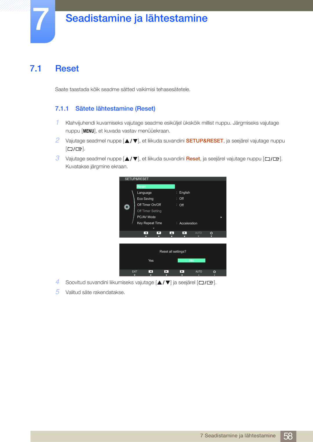 Samsung LS24B750VS/EN, LS27B750VS/EN manual Seadistamine ja lähtestamine, 1 Sätete lähtestamine Reset 