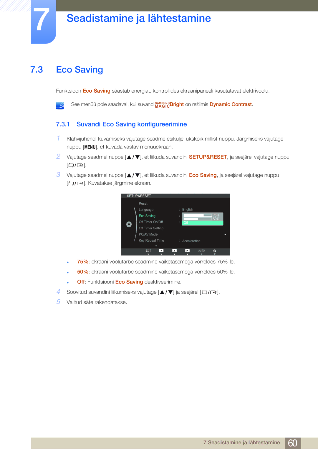 Samsung LS24B750VS/EN, LS27B750VS/EN manual Suvandi Eco Saving konfigureerimine 