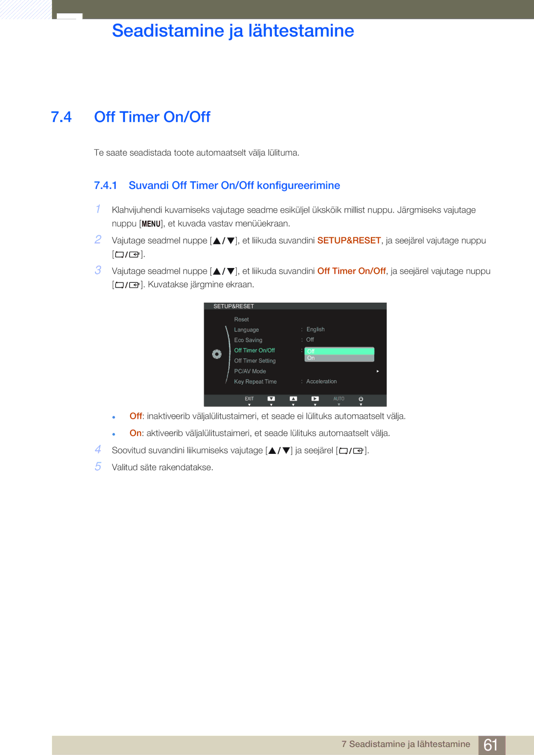 Samsung LS27B750VS/EN, LS24B750VS/EN manual Suvandi Off Timer On/Off konfigureerimine 