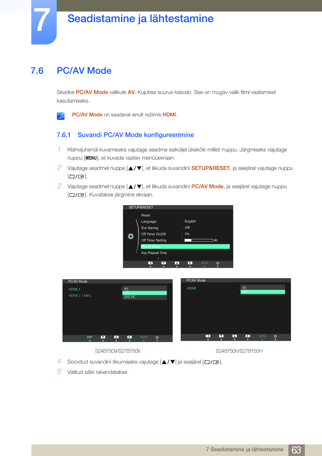 Samsung LS27B750VS/EN, LS24B750VS/EN manual Suvandi PC/AV Mode konfigureerimine 