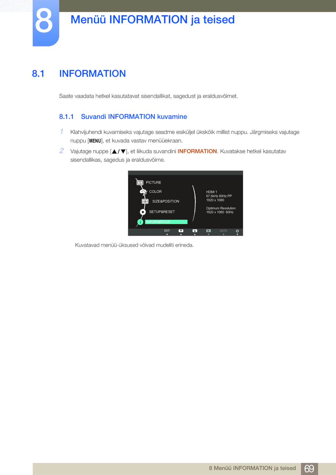 Samsung LS27B750VS/EN, LS24B750VS/EN manual Menüü Information ja teised, Suvandi Information kuvamine 