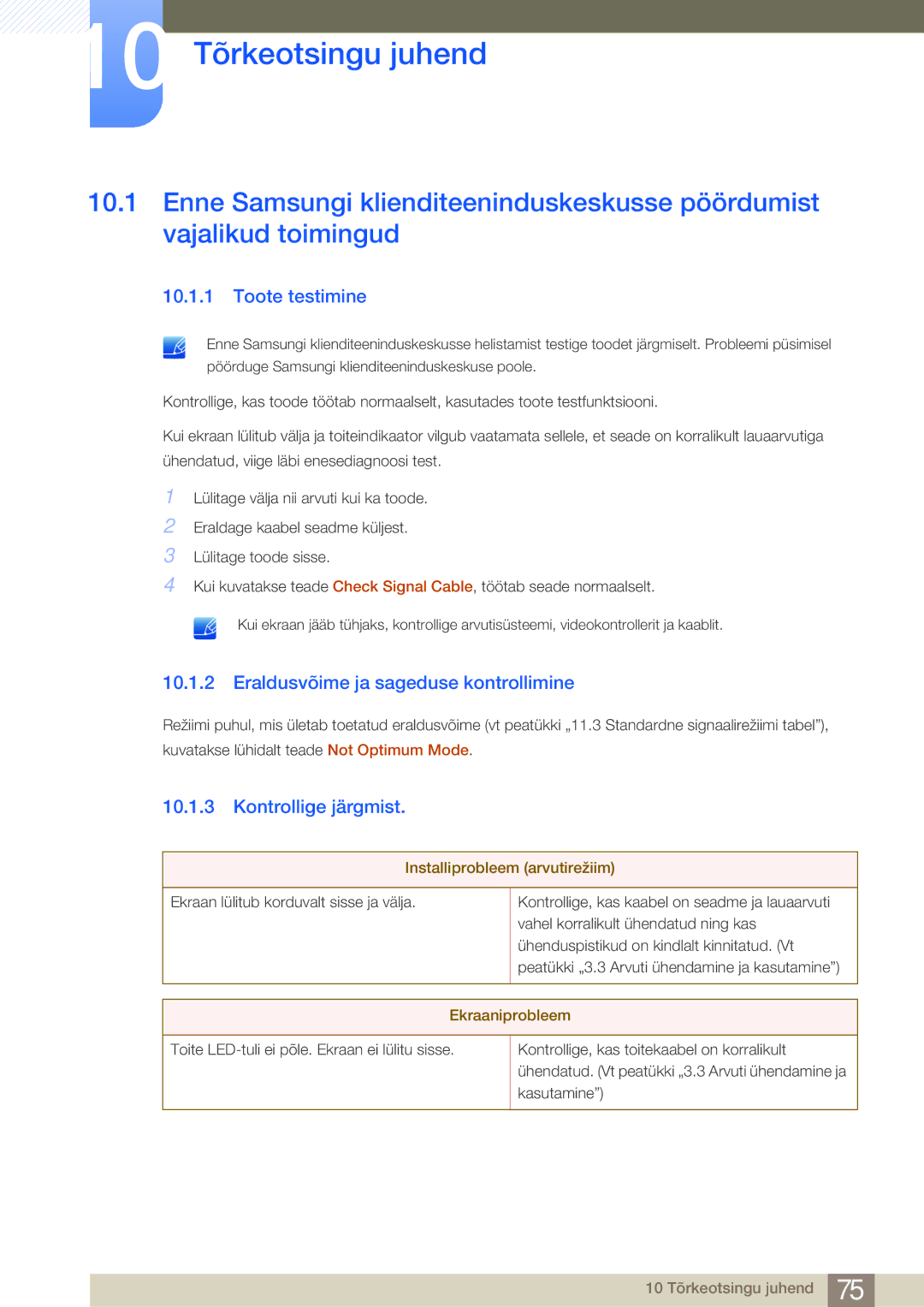 Samsung LS27B750VS/EN, LS24B750VS/EN manual 10 Tõrkeotsingu juhend, Toote testimine, Eraldusvõime ja sageduse kontrollimine 